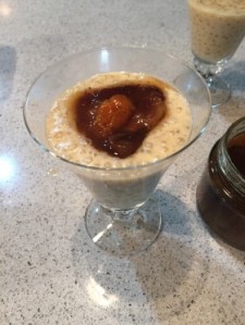 Tapioca pudding with a little rumtopf fruit.
